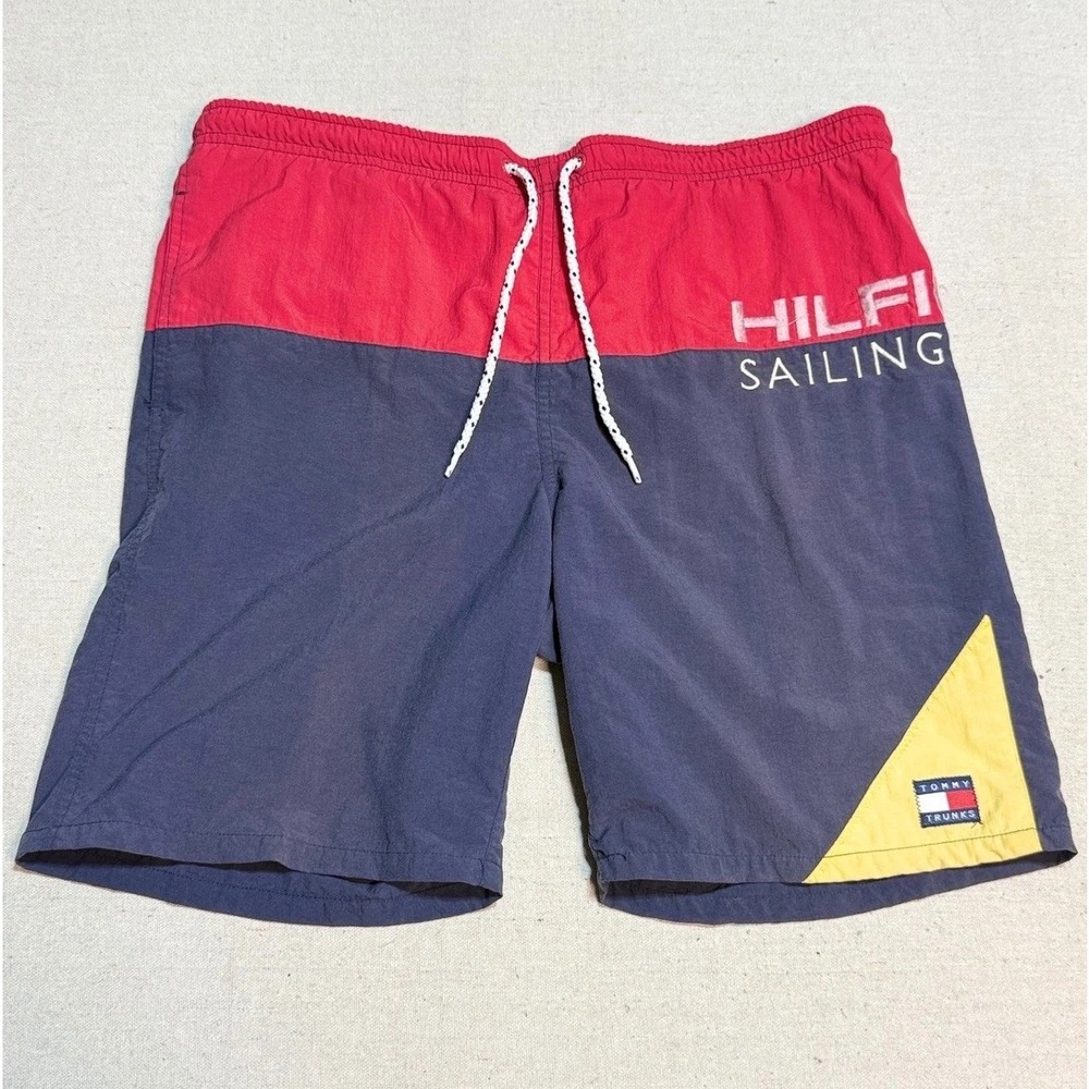 Tommy Hilfiger Sailing Gear Swim Trunks Large Vintage Colorblock Navy Red Nylon